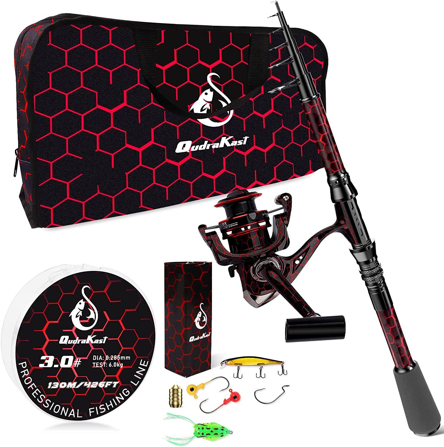 QudraKast Red One Fishing Rod and Reel Combos, High Carbon Fiber Telescopic  Fishing Pole and 12+1 Full Metal Ultra Smooth Spinning Reel with X-Warping  Pattern Design