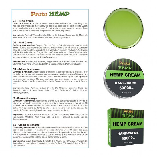 Proto Hemp Hanfcreme, 30000mg 30ml 90% - Reiner Hanf